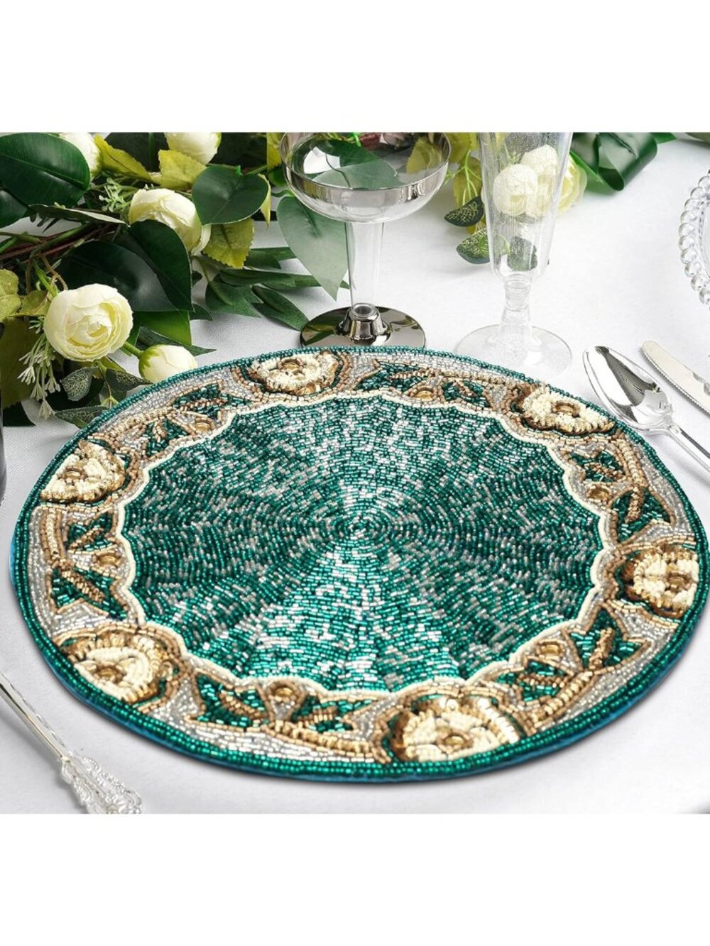 Teal Silver White Gold Beaded Round Placemats 13” - Elegant Charger for Dining